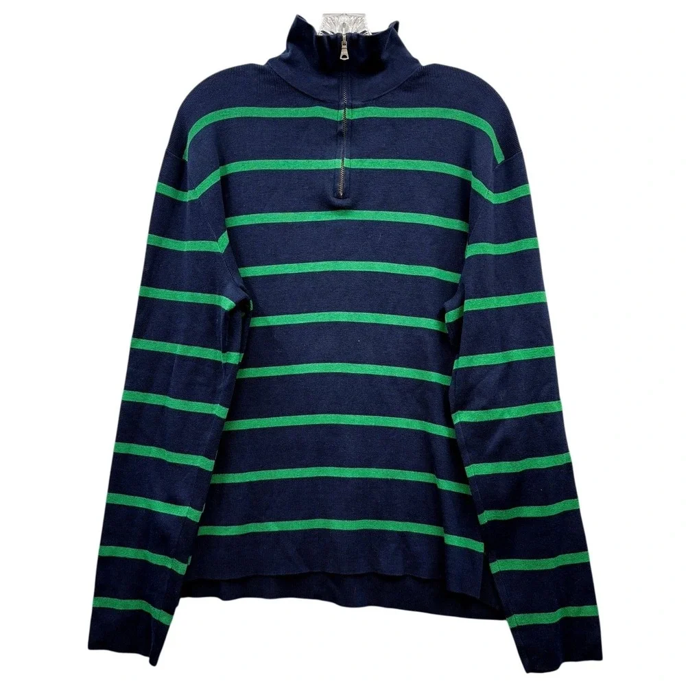 Vintage‎ Polo Ralph Lauren Men's Quarter Zip Sweater Navy Green Striped Cotton L